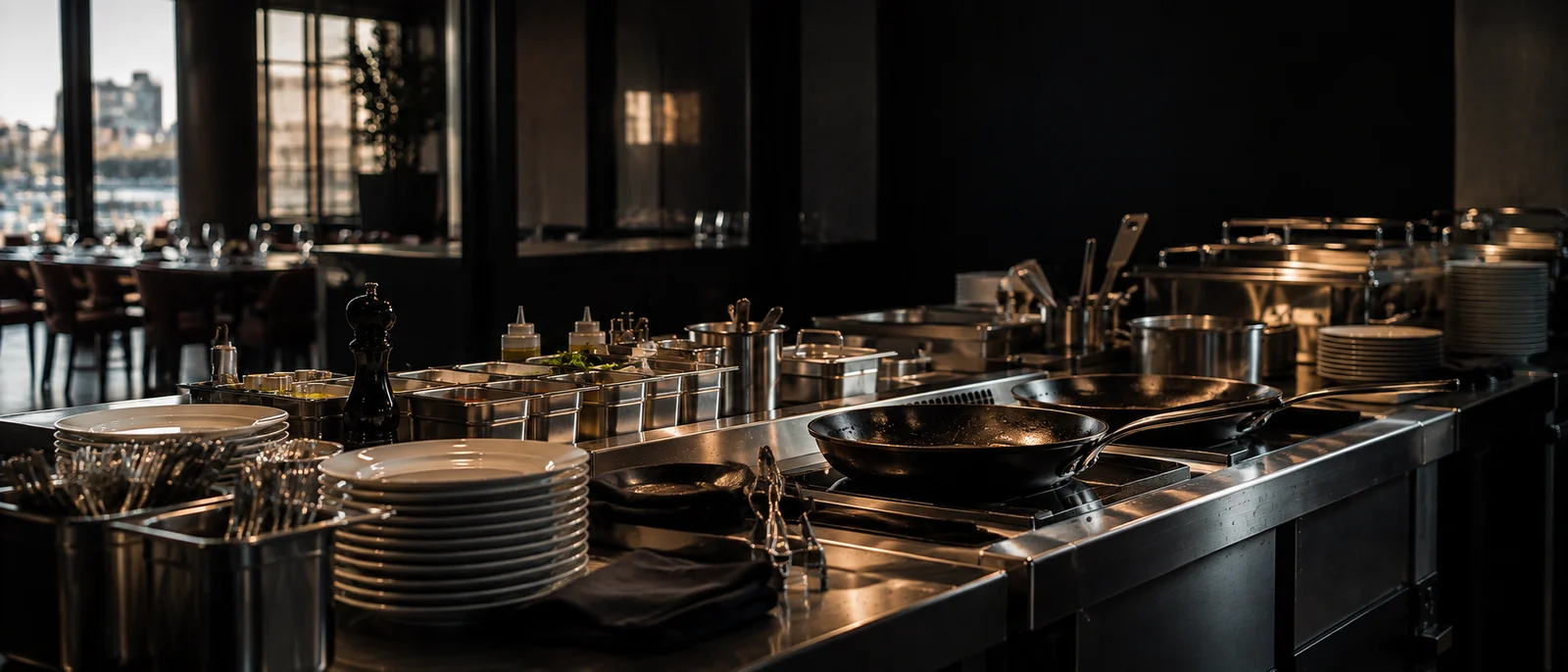 Breakfast cooking station set with pans, serving equipment, plates and cutlery.