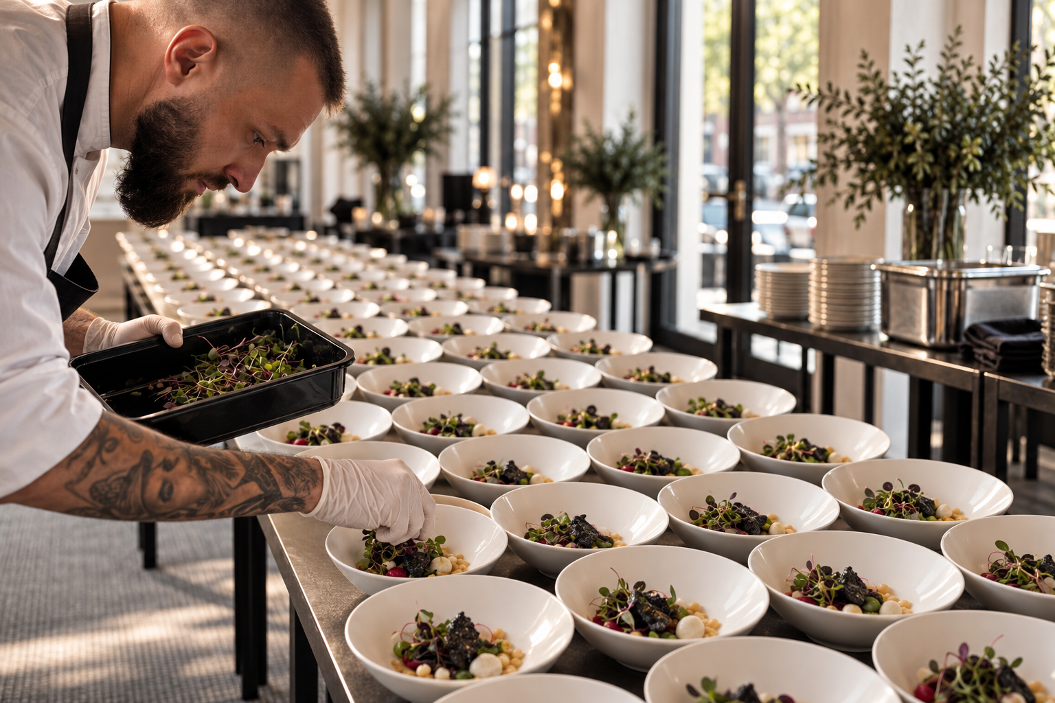 A chef finishing individual dishes at an event location