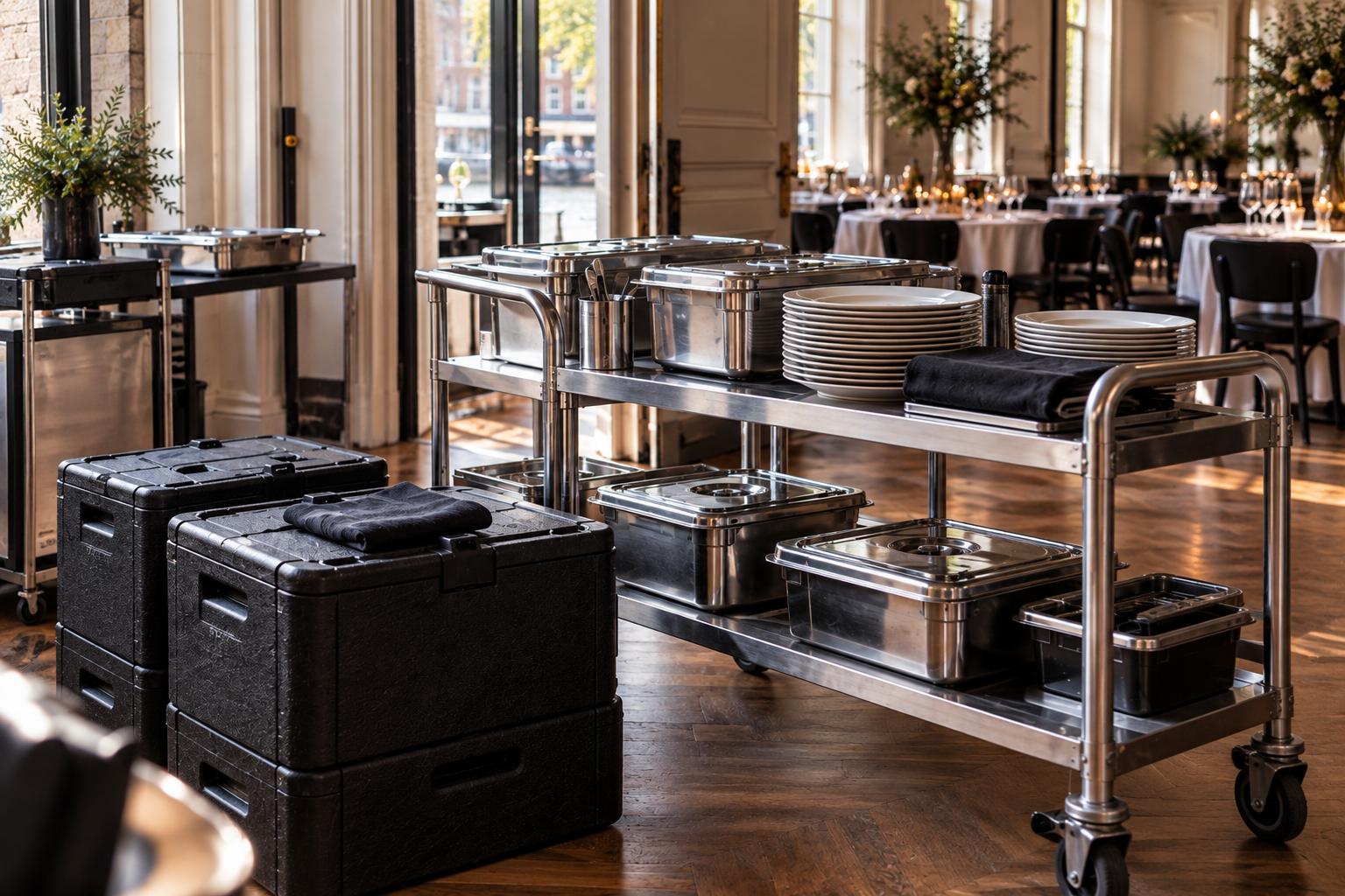 Catering equipment, insulated delivery boxes, serving dishes and plates at an event location