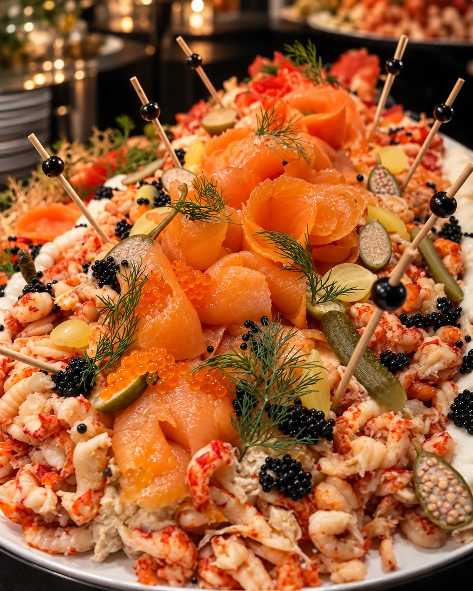 A large platter of salmon and seafood prepared for buffet service