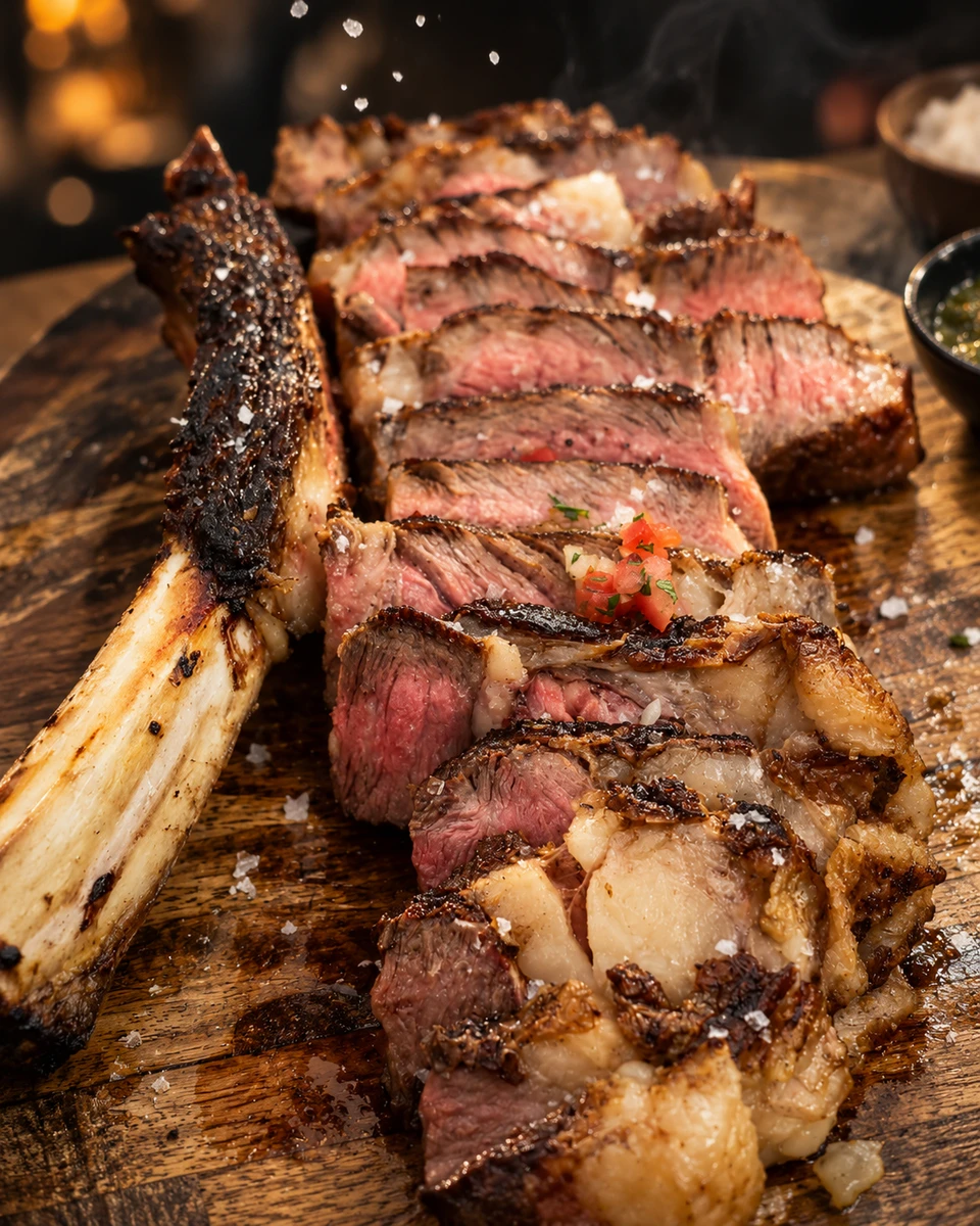 Sliced grilled steak and a rib bone on a wooden serving board.