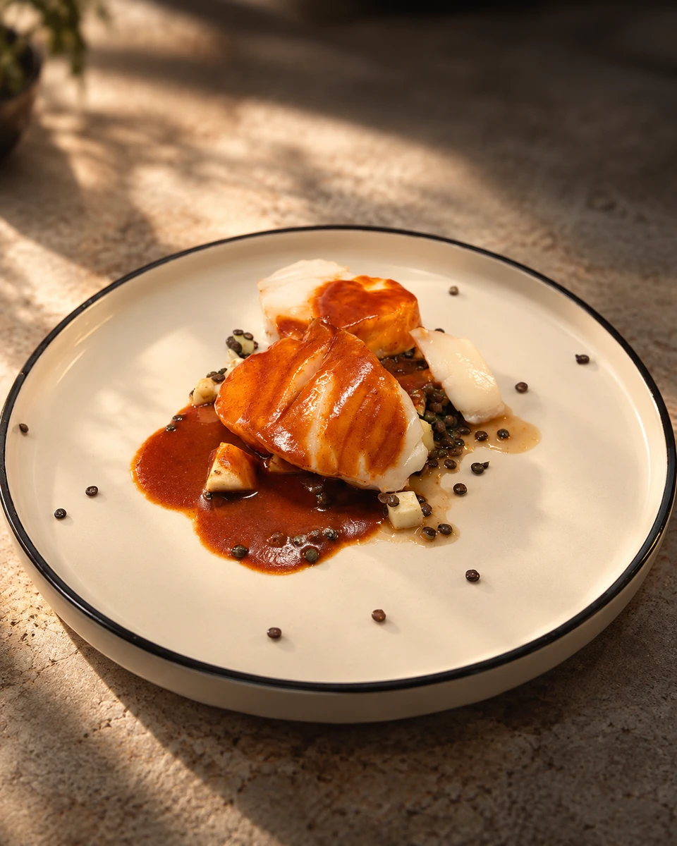 A plated dish with sauce and garnishes on a white plate.