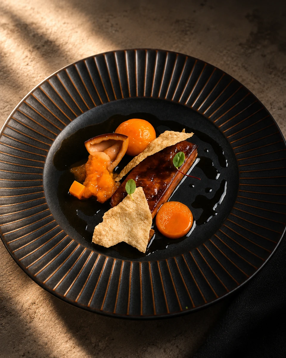 A plated dish with orange purée, garnishes and crisp wafers on a dark ridged plate.