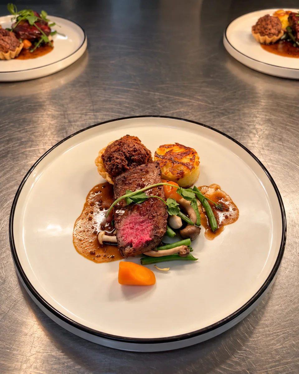 A plated beef course with vegetables, mushrooms and a potato garnish.
