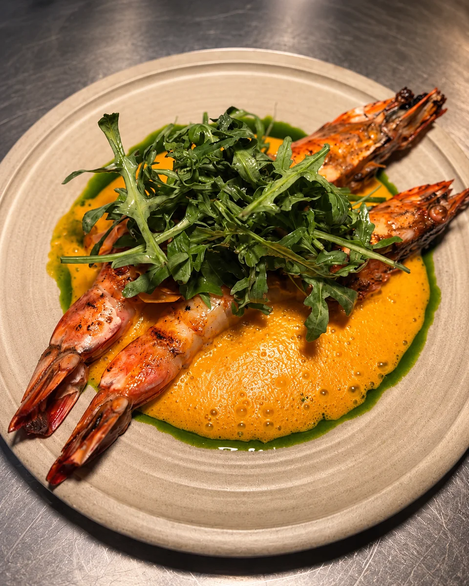 Grilled prawns on orange sauce topped with fresh leaves.