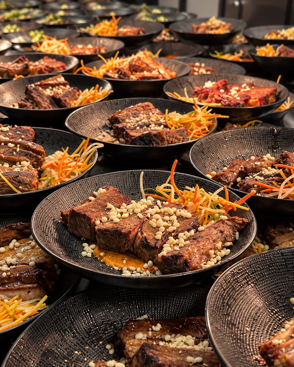 Rows of dark bowls prepared with sliced beef and vegetables.