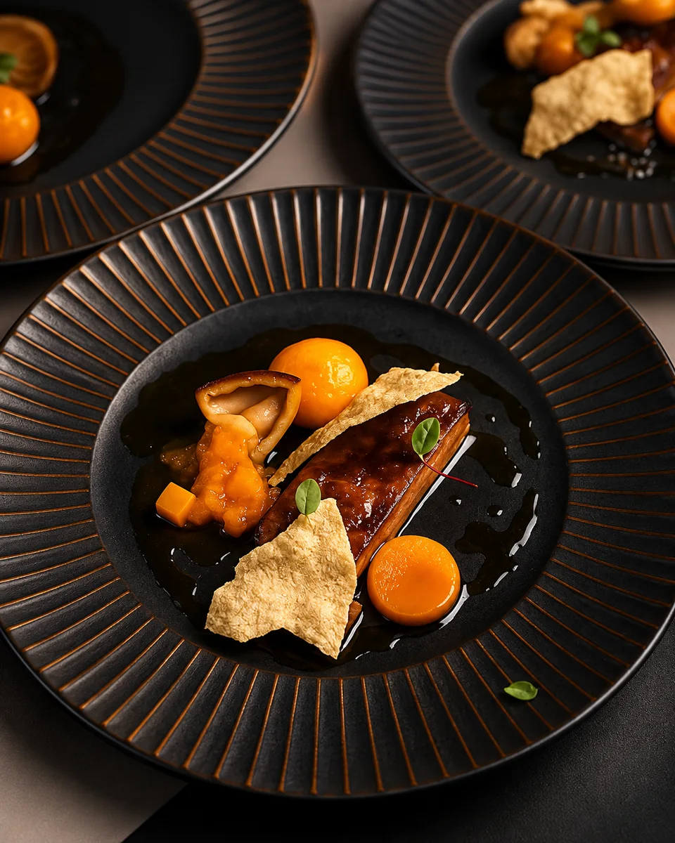A small plated course with orange garnishes and a crisp wafer in a black bowl.