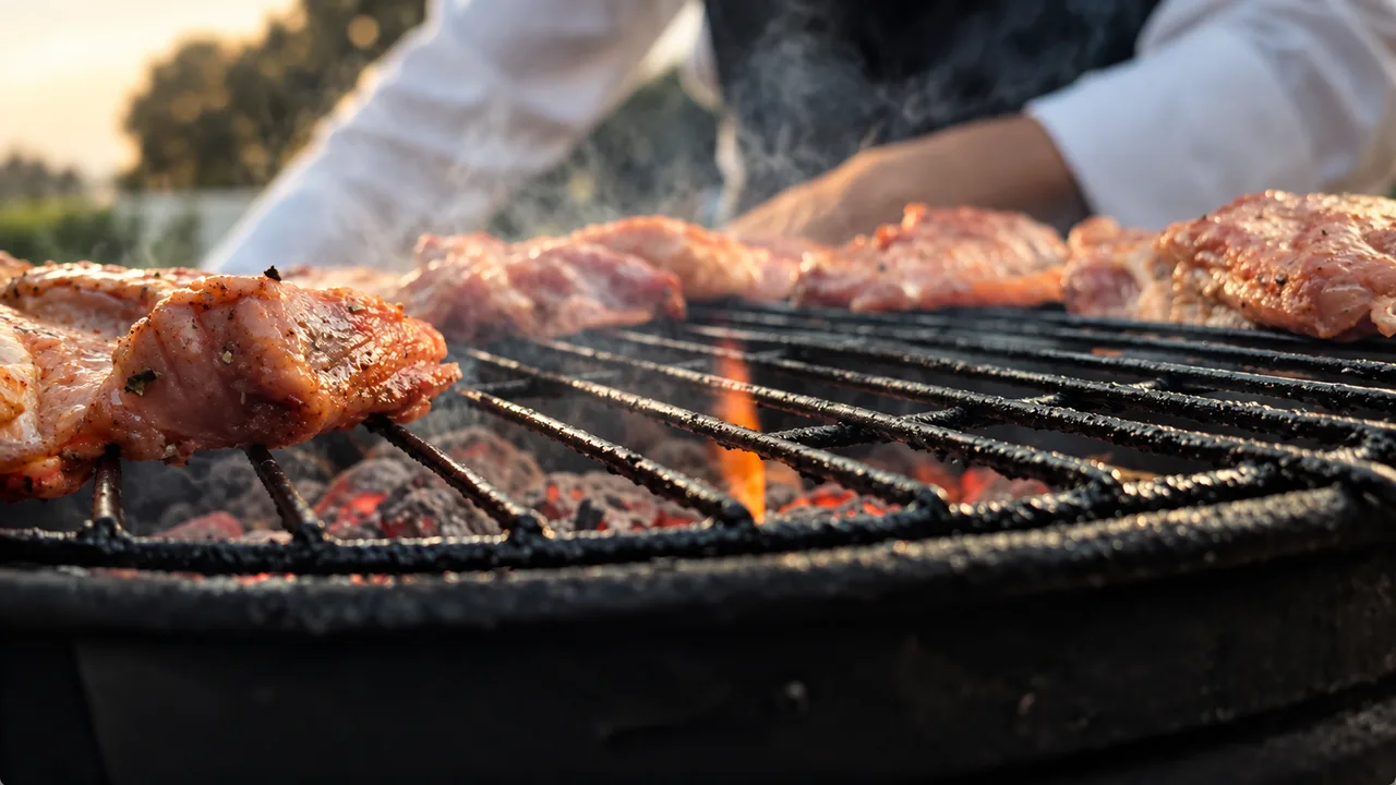 Pieces of meat cooking over glowing coals while a chef works at the grill.