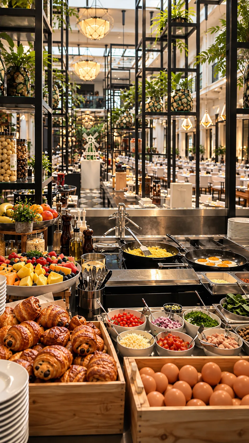 Breakfast buffet with croissants, fruit, eggs and a live cooking station.