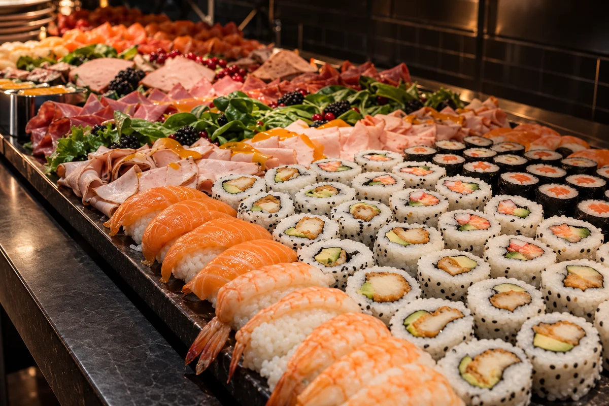 Sushi and salmon arranged on a buffet