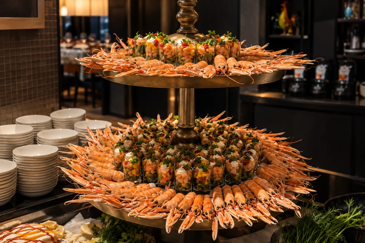 Tiered seafood platter with prawns